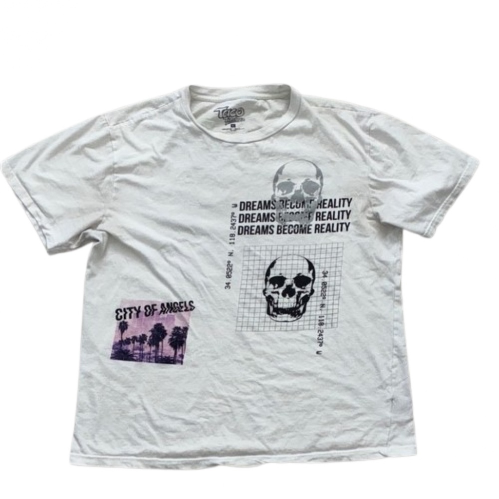 Taco Tuesday White Graphic Tee with Skull and City Print